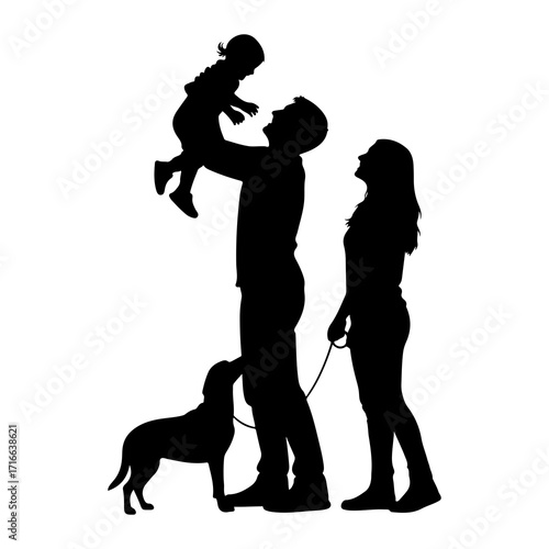 Family playtime with child and dog silhouette father