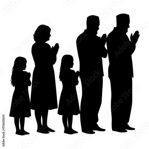 Family praying together in silhouette prayer people