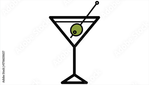 Illustration of a martini glass with an olive the glass is a simple triangle shape with a stem, and the olive is skewered with a toothpick
