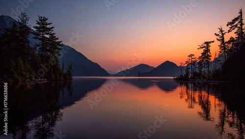 Wallpaper Mural Serene sunrise over a still lake, reflecting vibrant hues of orange and pink against dark silhouettes of mountains and trees. Torontodigital.ca