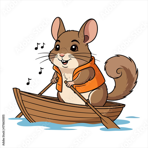 Cute cartoon chinchilla rowing a boat wearing life jacket vector illustration