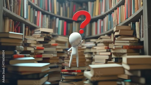 A curious figure stands puzzled among towering bookshelves filled with colorful books