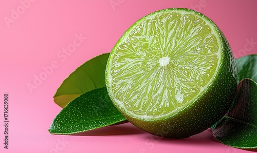 Close-up of a lime slice with vibrant green leaves on a pink background.  Fresh, citrusy