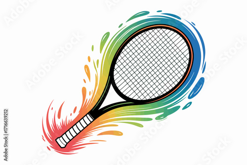 Vibrant Tennis Racket Illustration with Rainbow Splash Design for Sports Enthusiasts and Graphic Designers