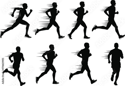 Running silhouettes, athlete motion, jogging figures, marathon training, fitness exercise, sports activity, sprinting people, dynamic movement, healthy lifestyle, speed illustration