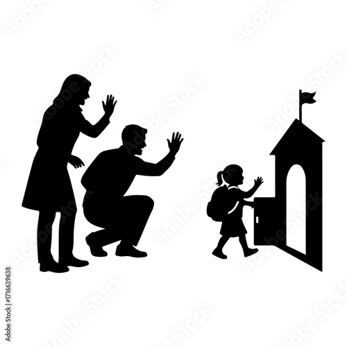 Family waving goodbye to child entering schoolhouse