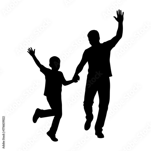 Father and child jumping happily happy waving