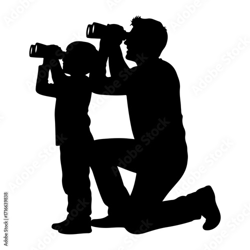 Father and child observing through binoculars silhouette