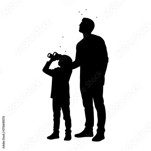Father and child stargazing with binoculars silhouette