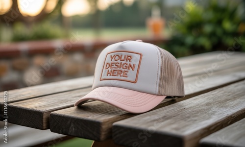Wallpaper Mural A light beige trucker hat, with a square, embroidered design area, sits on a light brown wooden table outdoors. Soft sunset light Torontodigital.ca