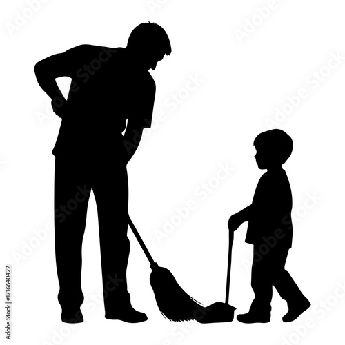 Father and son cleaning together sweeping mopping