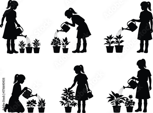 Woman watering plants, gardening silhouette, plant care illustration, eco lifestyle, nature growth, flower pot design, environmental care, garden activity, vector art, nurture