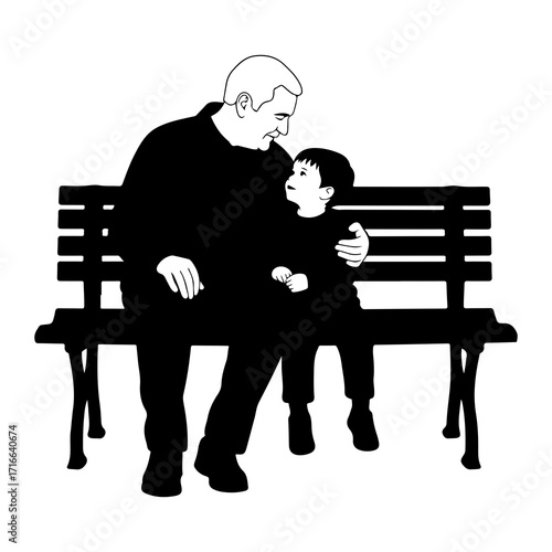 Father and son on bench sitting looking