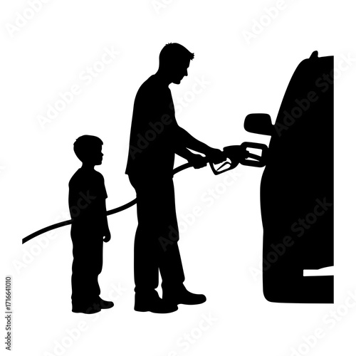 Father and son refueling car silhouette