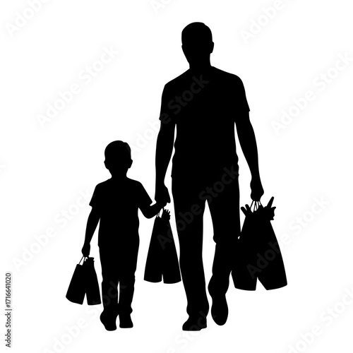 Father and son shopping bags silhouette