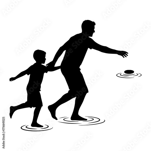 Father and son skipping stones child water