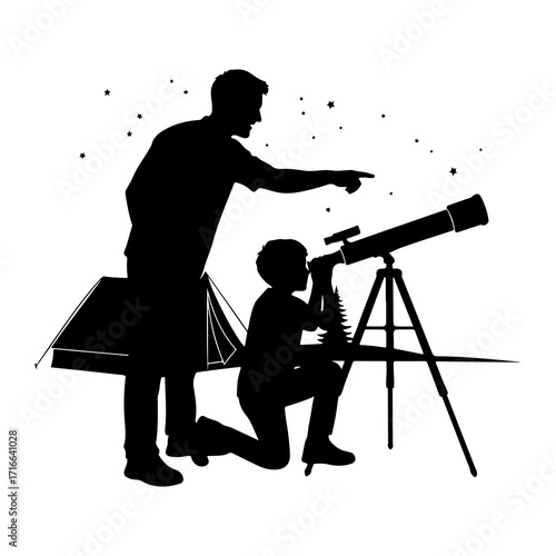 Father and son stargazing with telescope night sky