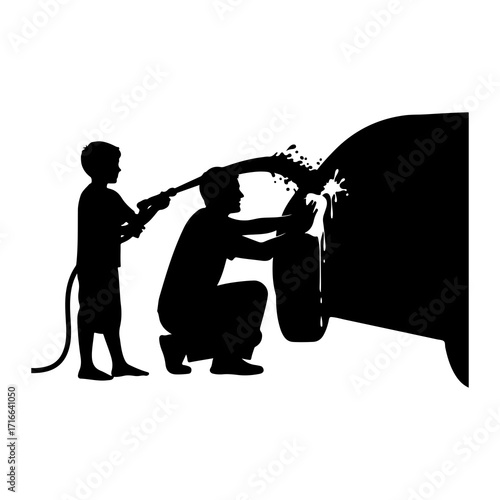 Father and son washing car cleaning