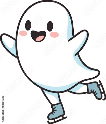 Cute cartoon ghost ice skating with happy expression and blush cheeks smiling