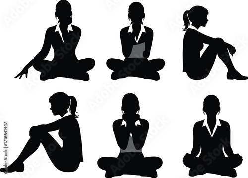 Silhouette of business person sitting in various poses, contemplative man body language, office worker posture, meditation, stress, thinking, relaxation