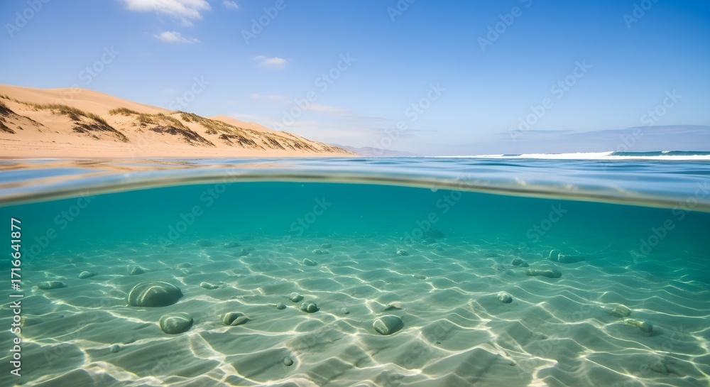 Obraz premium Split view of a sandy beach coastline with clear turquoise ocean water and underwater rocks