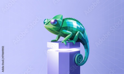 A stylized chameleon perched on a light-emitting pedestal.  Digital illustration featuring a vibrant green, polygon-shaped chameleon with large, violet eyes.  The pedestal is a light gray cube