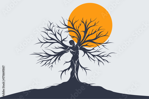 Surreal human tree illustration with sun – nature and life concept artwork