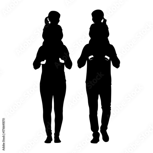 Father mother carrying children shoulders family parents