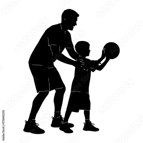 Father teaching son basketball playing
