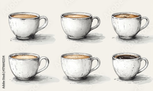 Hand-drawn illustration of six coffee cups with different coffee levels