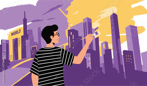 Artist paints a vibrant cityscape under a colorful sky