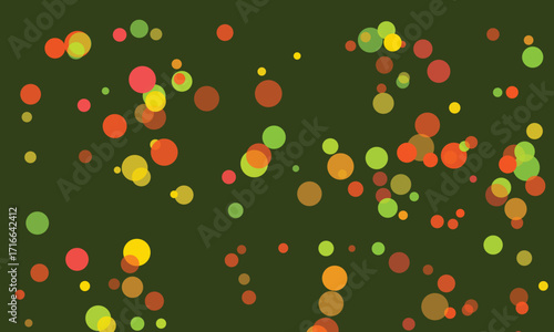Minimalistic abstract background with colorful circles on dark green backdrop