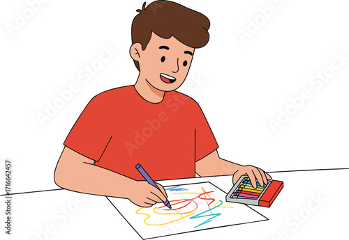 Young boy drawing with colorful crayons and pens