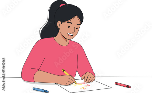 Young Girl Drawing and Coloring a Picture