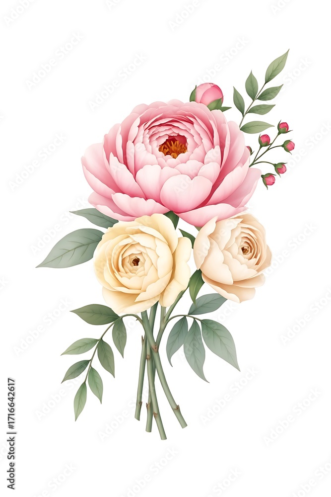 Fototapeta premium Elegant watercolor bouquet featuring a soft pink peony, delicate cream roses, and lush green foliage on a white background.