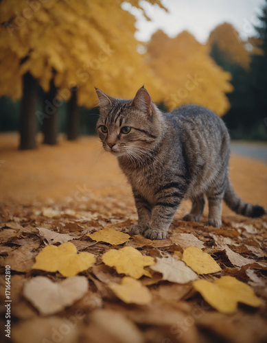A cat strolling in an autumn park