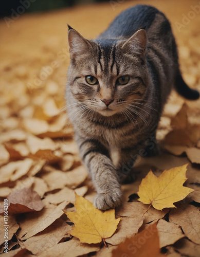 A cat walks through autumn leaves