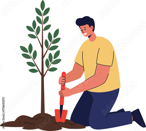 Man planting a small tree in the soil