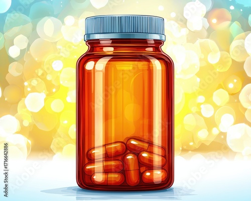 A bottle of pills against a bokeh background