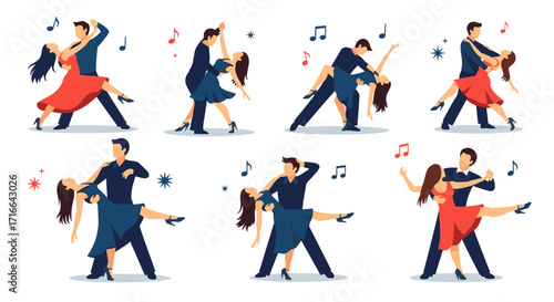 Set of vector illustrations of couples dancing various poses and styles perfect for dance school promotions or event flyers