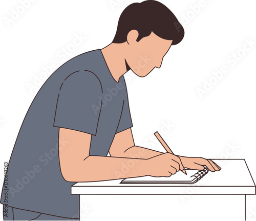 Student writing at a desk with a pencil