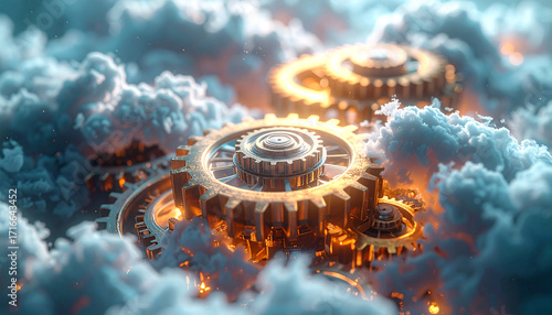 Celestial Gears in the Sky: Intricate mechanical gears float amidst a sea of clouds. A blend of industry and serenity.