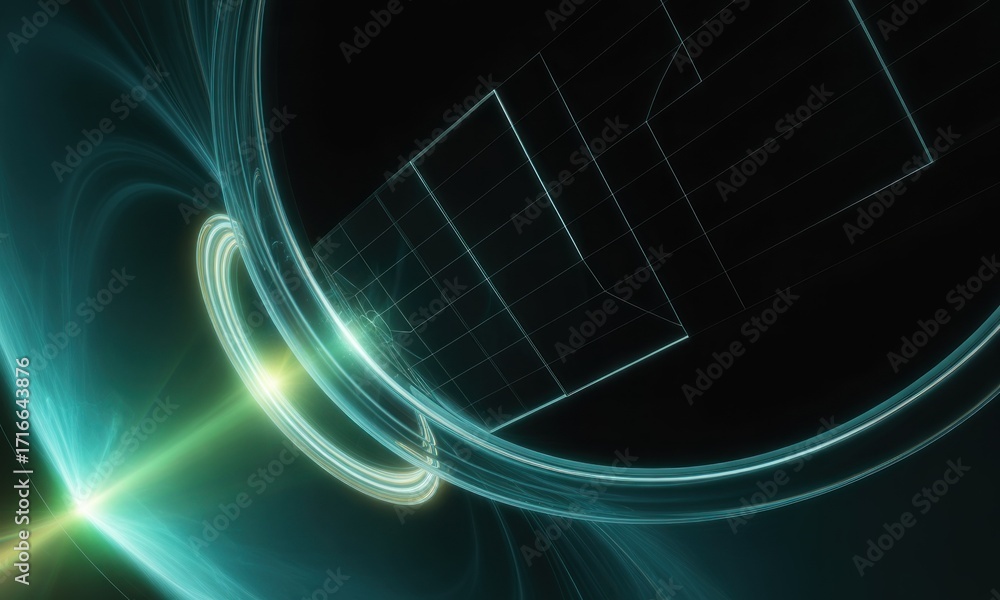 Fototapeta premium Abstract digital image of a complex system, featuring glowing teal lines, circles