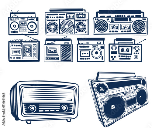 Radio Related Doodle vector icon set. Drawing sketch illustration hand drawn line