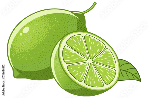 Lime Fruit Vector Illustration – Whole and Sliced Citrus with Leaves