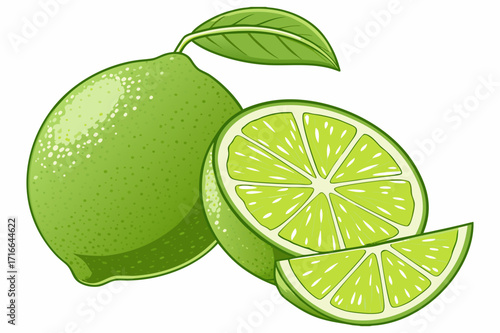 Lime Fruit Vector Illustration – Whole and Sliced Citrus with Leaves