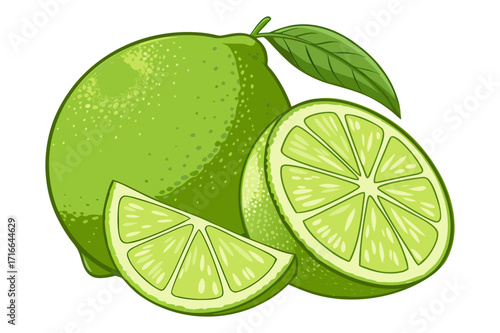 Lime Fruit Vector Illustration – Whole and Sliced Citrus with Leaves