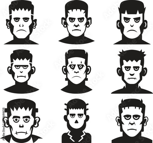 Collection of nine stylized frankenstein monster portraits