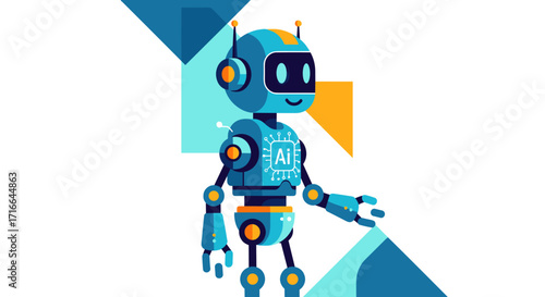 Cute cartoon robot character vector illustration with geometric background for artificial intelligence and technology concepts