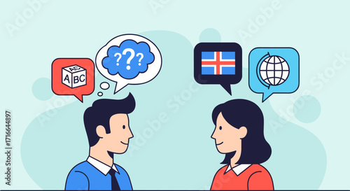 Two people communicating language barrier concept Flat design Vector illustration Isolated on white background